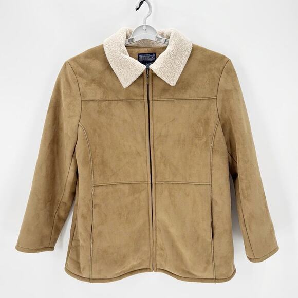 SHAVER LAKE Faux Suede Sherpa Lined Jacket sz xl Front Zip Tan Exposed Seams - Picture 1 of 7